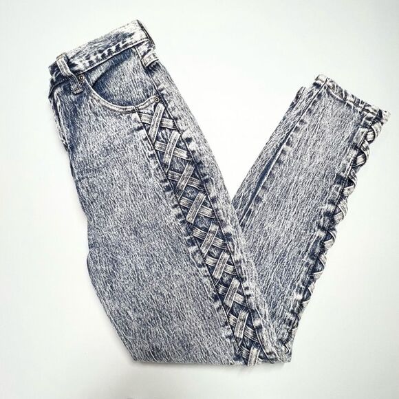 VTG Pure Jeanswear Acid Wash 80’s High Rise Side Lace Up Mom Jeans 9 Juniors - Picture 5 of 11